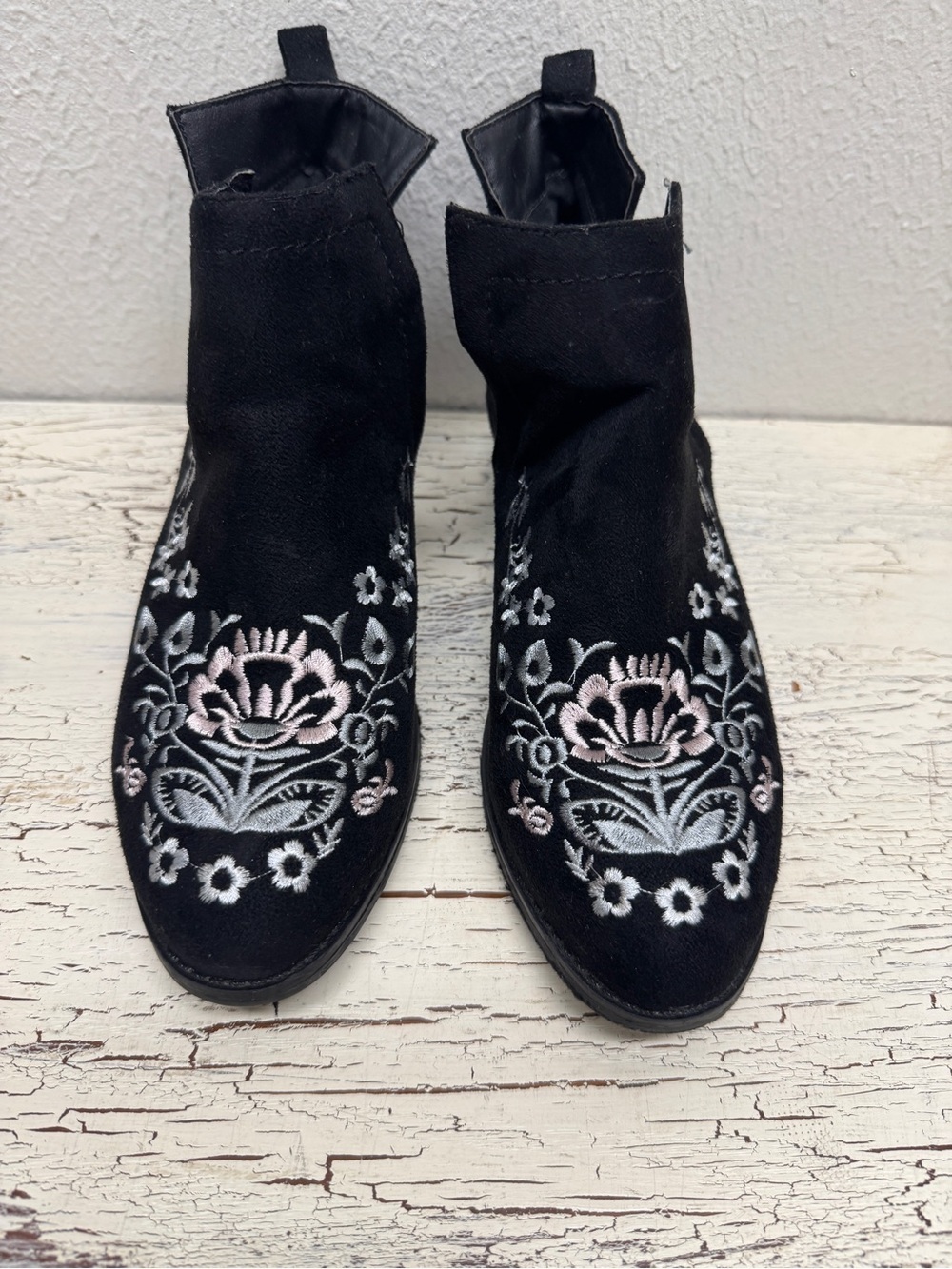 Olivia Miller Black Ankle Boots with Pink & Gray Floral Embroidery 9